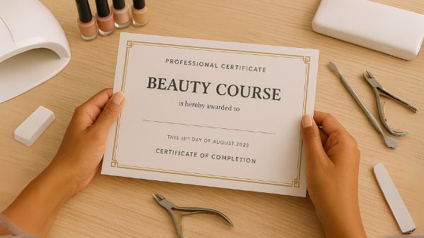 Certificado profesional de curso de belleza validando habilidades en estética.